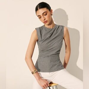 Black and White Checkered Women's Top S cc10 gingham